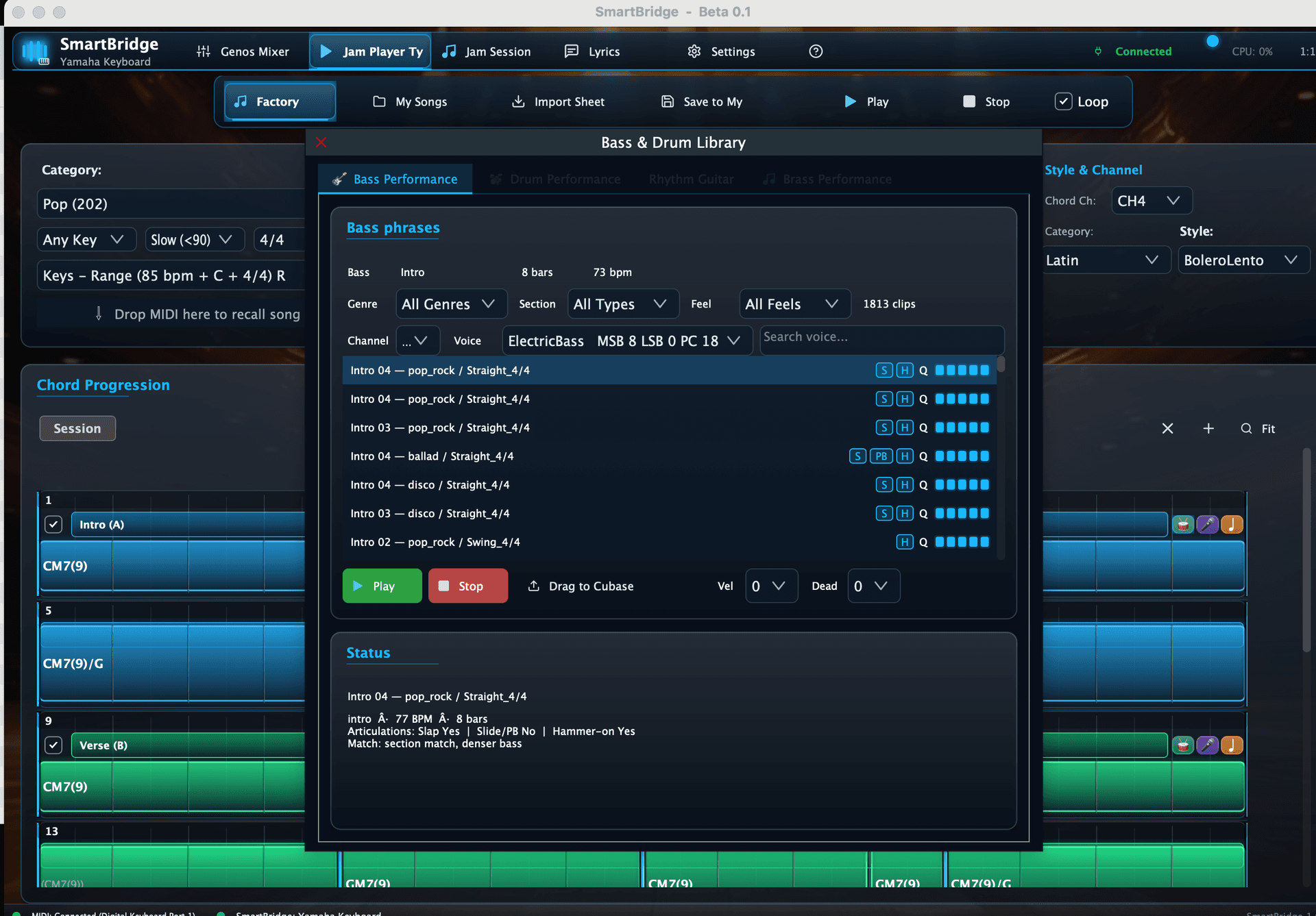 Bass library — section-matched phrases with drag-to-Cubase