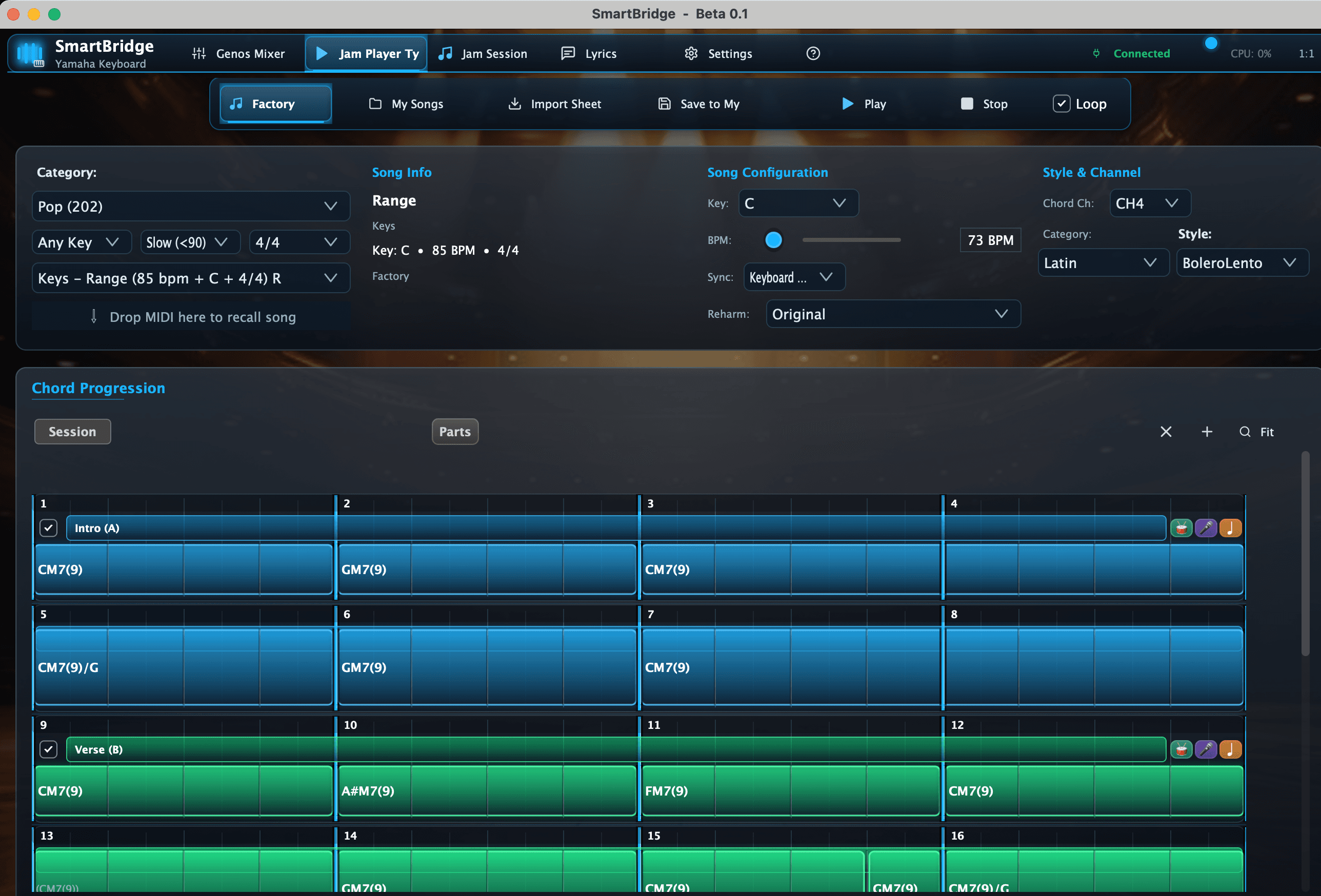 SmartBridge Jam Player — chord progression grid
